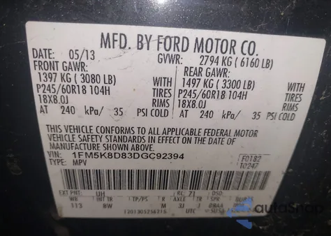 2013 Ford Explorer Xlt z USA, uszkodzony, nr VIN 1FM5K8D83DGC92394